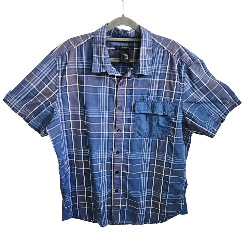 Calvin Klein Men's XL Short Sleeve Button Down Shirt Blue Plaid Spring Western